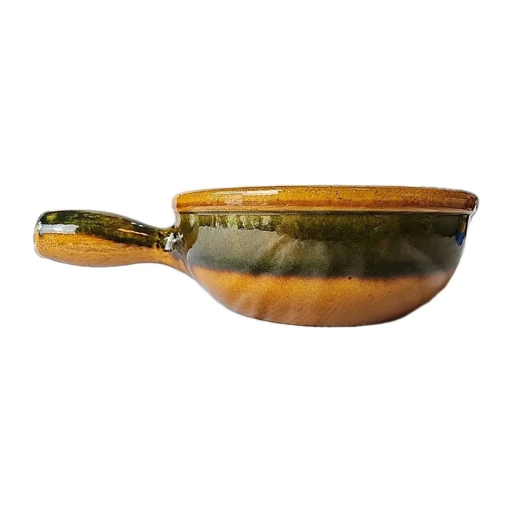 VTG Landert 20 MCM 70s‎ Swiss Stoneware Fondue Pot Brown w/Moss Green Stripe EUC